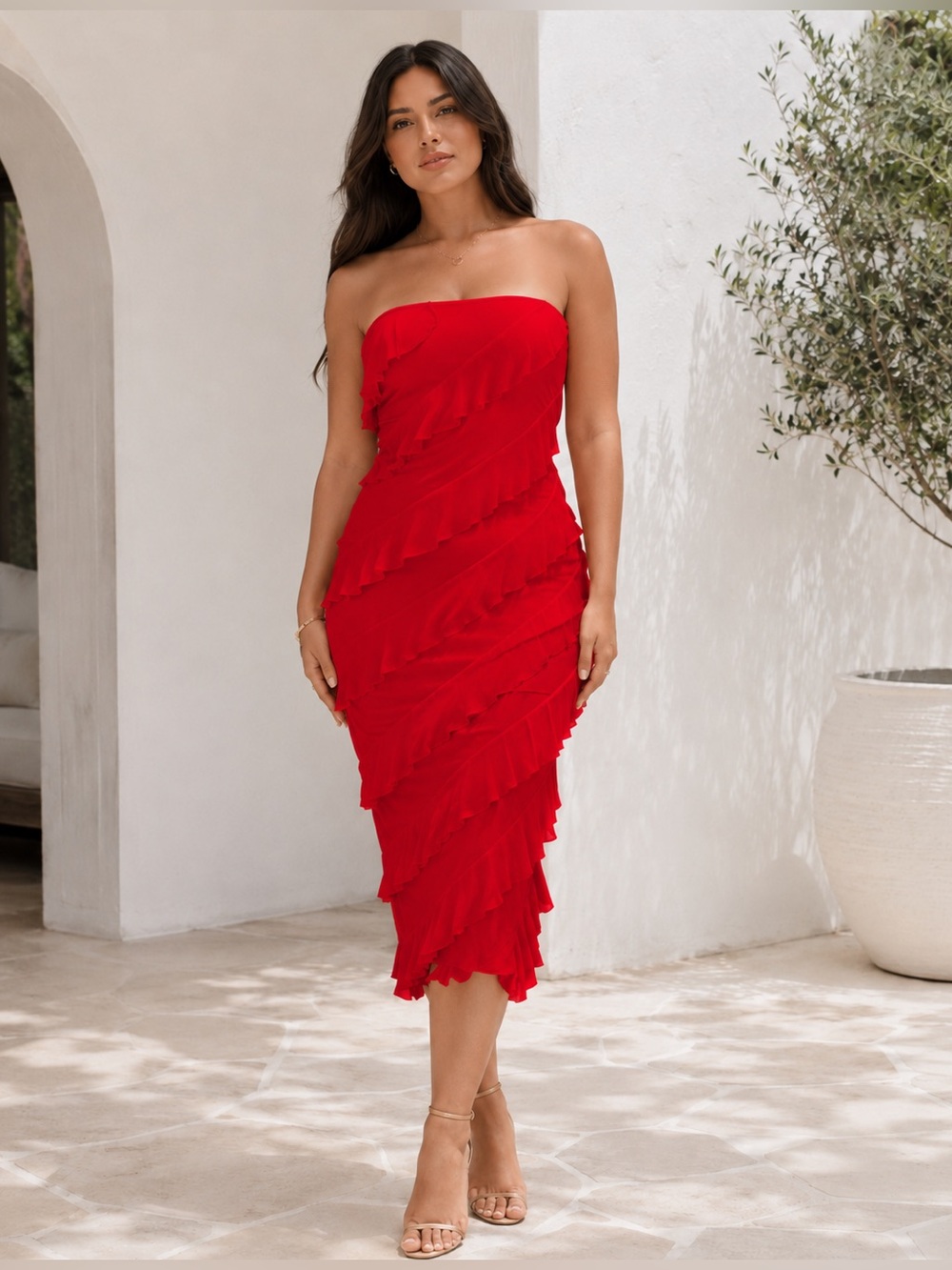 Red Strapless Ruffle Midi Dress Size Large NWOT Cocktail Holiday Party Dress